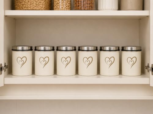 Multipurpose Stainless Steel Airtight Storage Canister Set, Epoxy Coated, Dishwash Safe, Heart Print Kitchen Storage Containers, Return Gift, Housewarming Gift, 650ml x 6pcs, Ivory