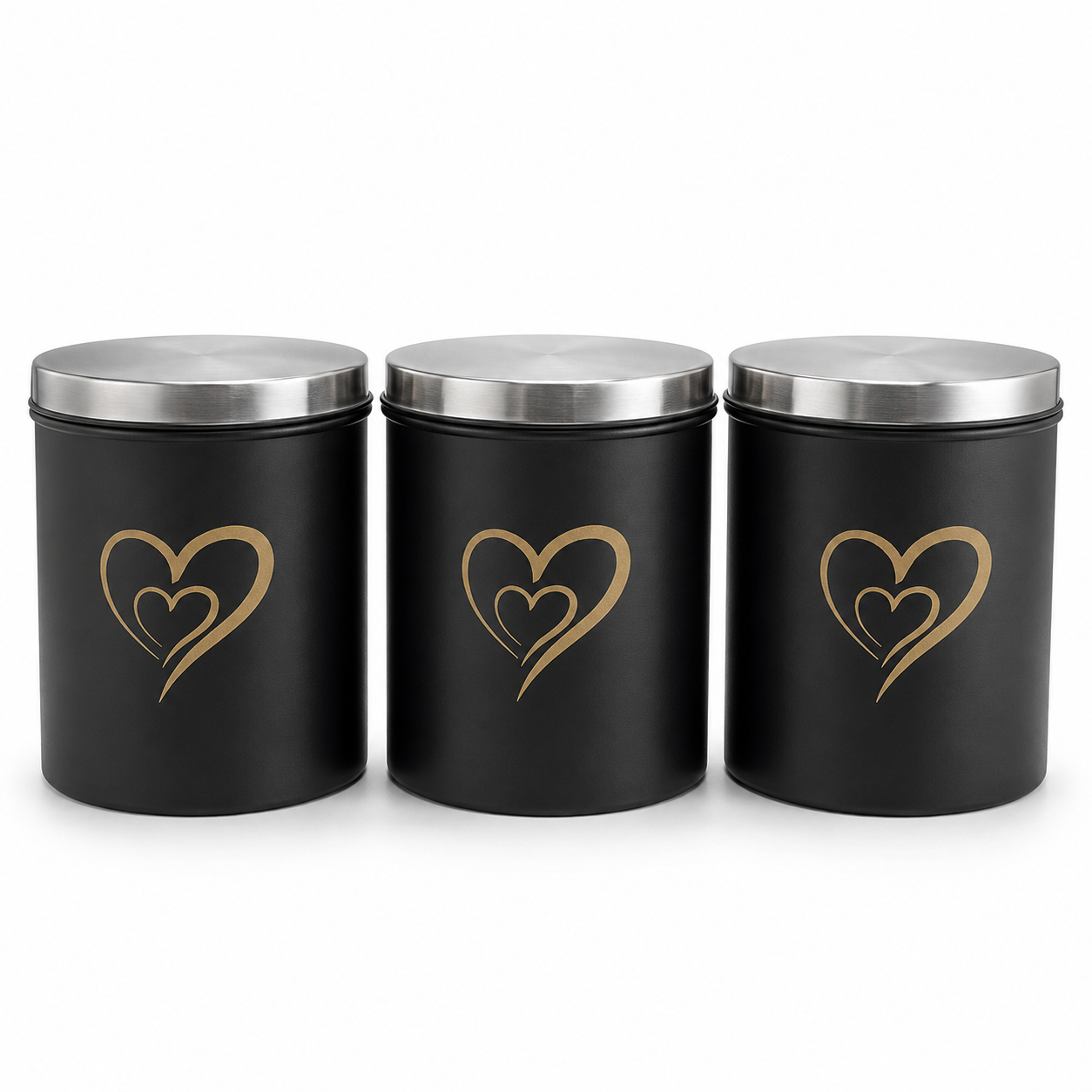 Multipurpose Stainless Steel Airtight Storage Canister Set, Epoxy Coated, Dishwash Safe, Heart Print Kitchen Storage Containers, Return Gift, Housewarming Gift, 650ml x 3pcs, Black