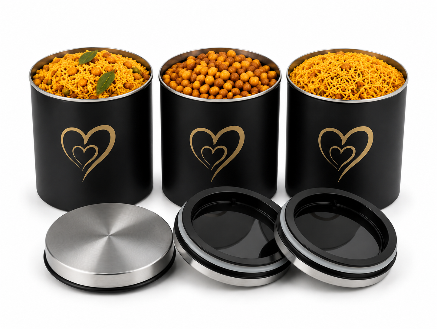 Multipurpose Stainless Steel Airtight Storage Canister Set, Epoxy Coated, Dishwash Safe, Heart Print Kitchen Storage Containers, Return Gift, Housewarming Gift, 650ml x 3pcs, Black