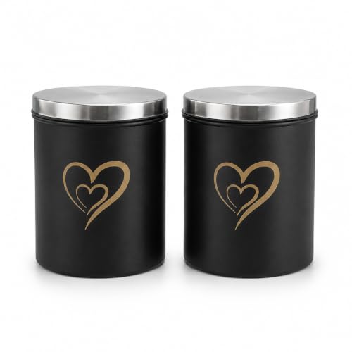 Multipurpose Stainless Steel Airtight Storage Canister Set, Epoxy Coated, Dishwash Safe, Heart Print Kitchen Storage Containers, Return Gift, Housewarming Gift, 650ml x 2pcs, Black