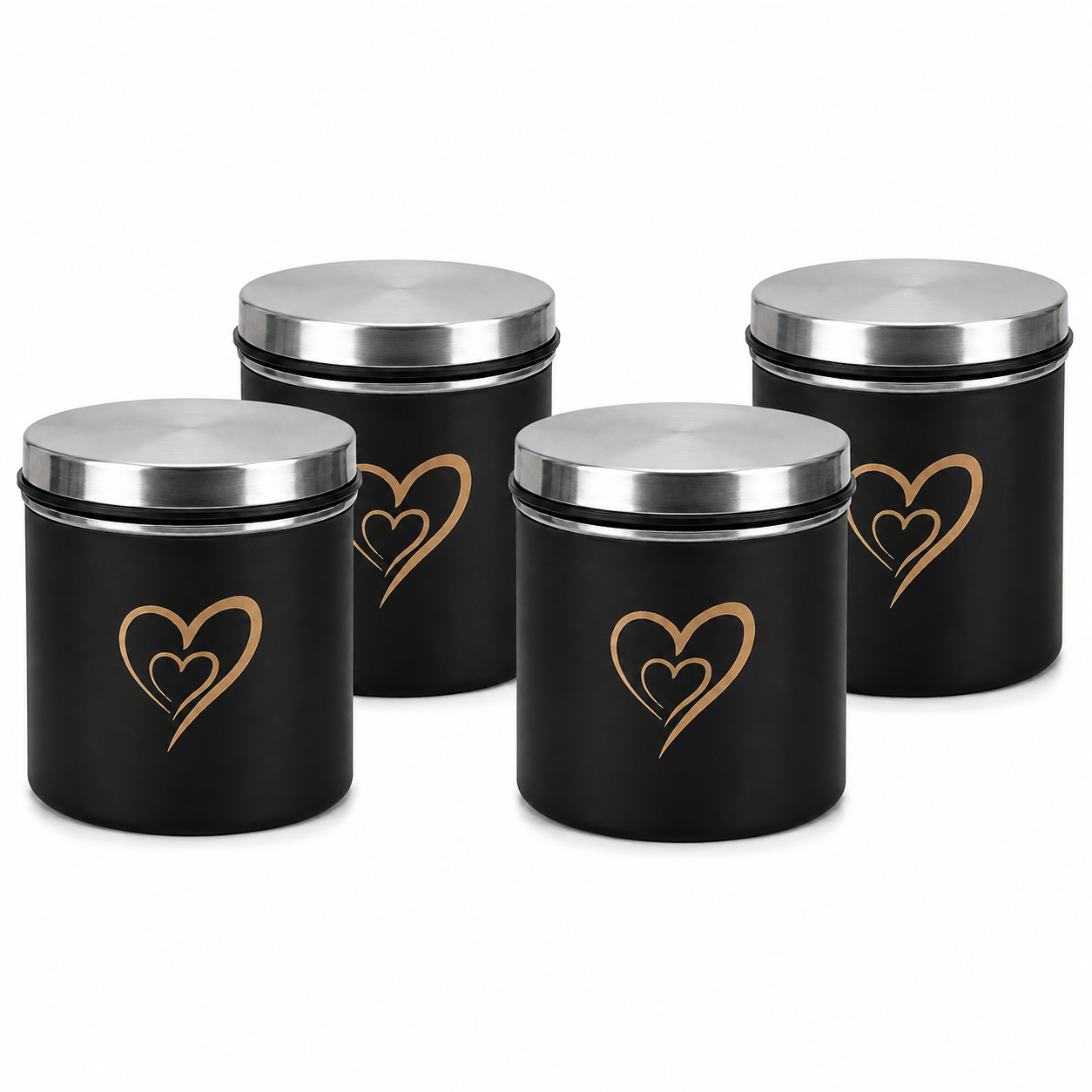 Multipurpose Stainless Steel Airtight Storage Canister Set, Epoxy Coated, Dishwash Safe, Heart Print Kitchen Storage Containers, Return Gift, Housewarming Gift, 650ml x 4pcs, Black