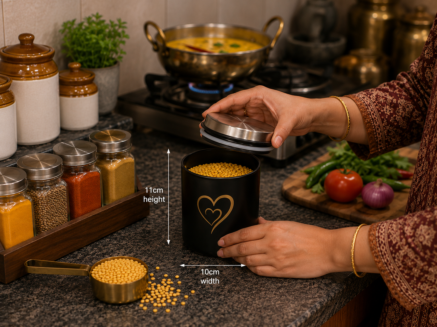 Multipurpose Stainless Steel Airtight Storage Canister Set, Epoxy Coated, Dishwash Safe, Heart Print Kitchen Storage Containers, Return Gift, Housewarming Gift, 650ml x 4pcs, Black