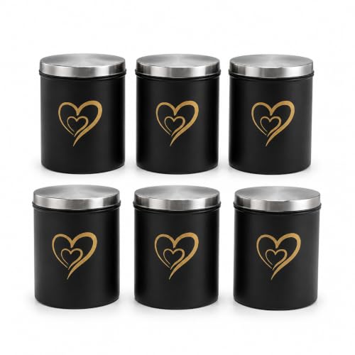 Multipurpose Stainless Steel Airtight Storage Canister Set, Epoxy Coated, Dishwash Safe, Heart Print Kitchen Storage Containers, Return Gift, Housewarming Gift, 650ml x 6pcs, Black