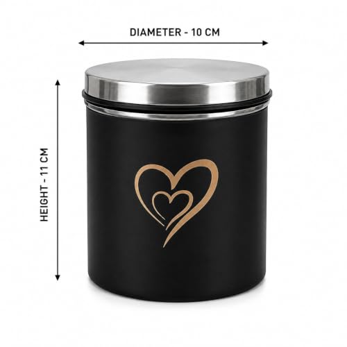 Multipurpose Stainless Steel Airtight Storage Canister Set, Epoxy Coated, Dishwash Safe, Heart Print Kitchen Storage Containers, Return Gift, Housewarming Gift, 650ml x 6pcs, Black
