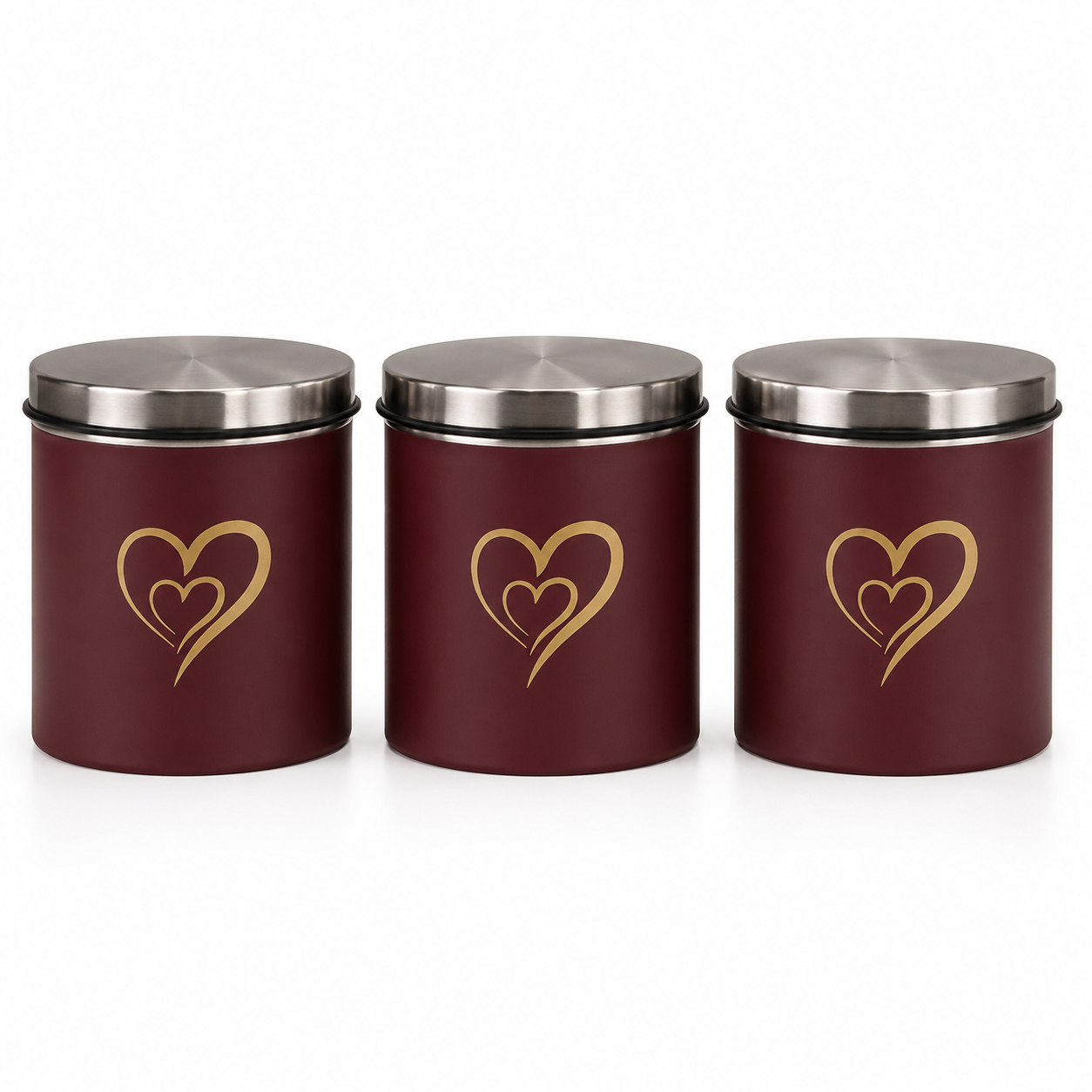 Multipurpose Stainless Steel Airtight Storage Canister Set, Epoxy Coated, Dishwash Safe, Heart Print Kitchen Storage Containers, Return Gift, Housewarming Gift, 650ml x 3pcs, Maroon