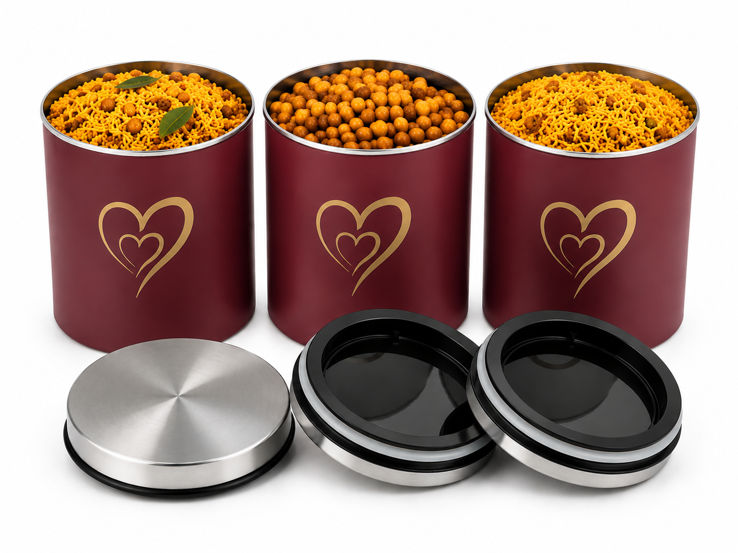 Multipurpose Stainless Steel Airtight Storage Canister Set, Epoxy Coated, Dishwash Safe, Heart Print Kitchen Storage Containers, Return Gift, Housewarming Gift, 650ml x 3pcs, Maroon