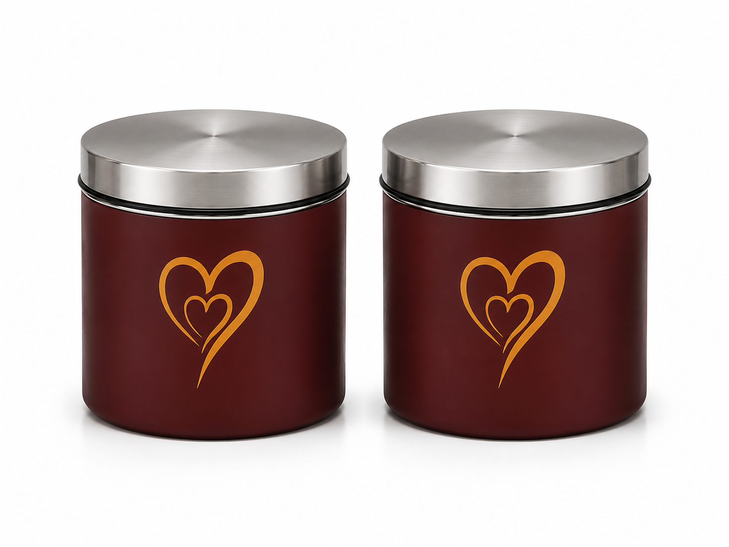 Multipurpose Stainless Steel Airtight Storage Canister Set, Epoxy Coated, Dishwash Safe, Heart Print Kitchen Storage Containers, Return Gift, Housewarming Gift, 650ml x 2pcs, Maroon