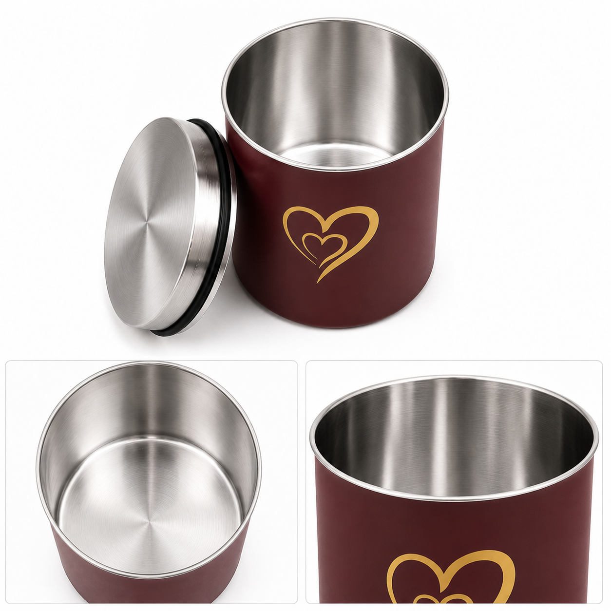 Multipurpose Stainless Steel Airtight Storage Canister Set, Epoxy Coated, Dishwash Safe, Heart Print Kitchen Storage Containers, Return Gift, Housewarming Gift, 650ml x 2pcs, Maroon