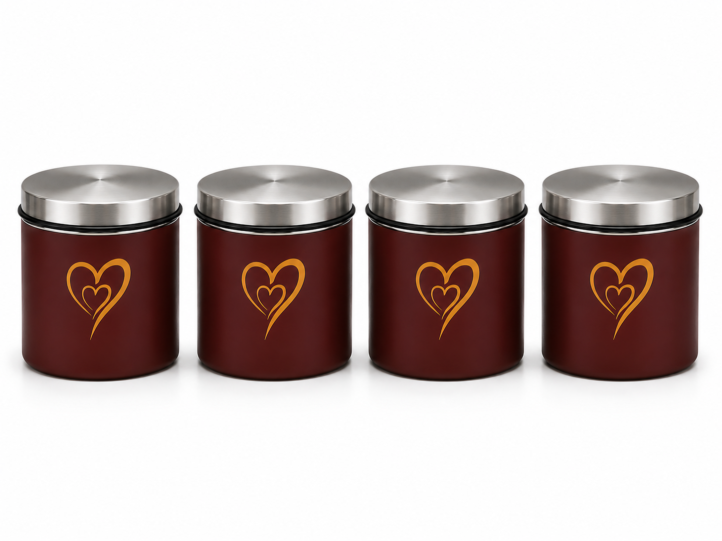 Multipurpose Stainless Steel Airtight Storage Canister Set, Epoxy Coated, Dishwash Safe, Heart Print Kitchen Storage Containers, Return Gift, Housewarming Gift, 650ml x 4pcs, Maroon