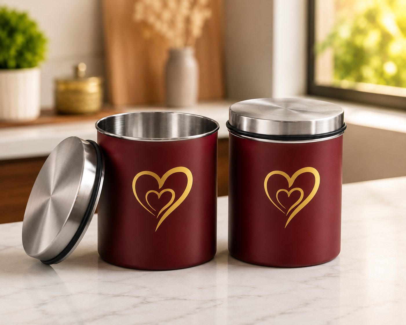Multipurpose Stainless Steel Airtight Storage Canister Set, Epoxy Coated, Dishwash Safe, Heart Print Kitchen Storage Containers, Return Gift, Housewarming Gift, 650ml x 4pcs, Maroon