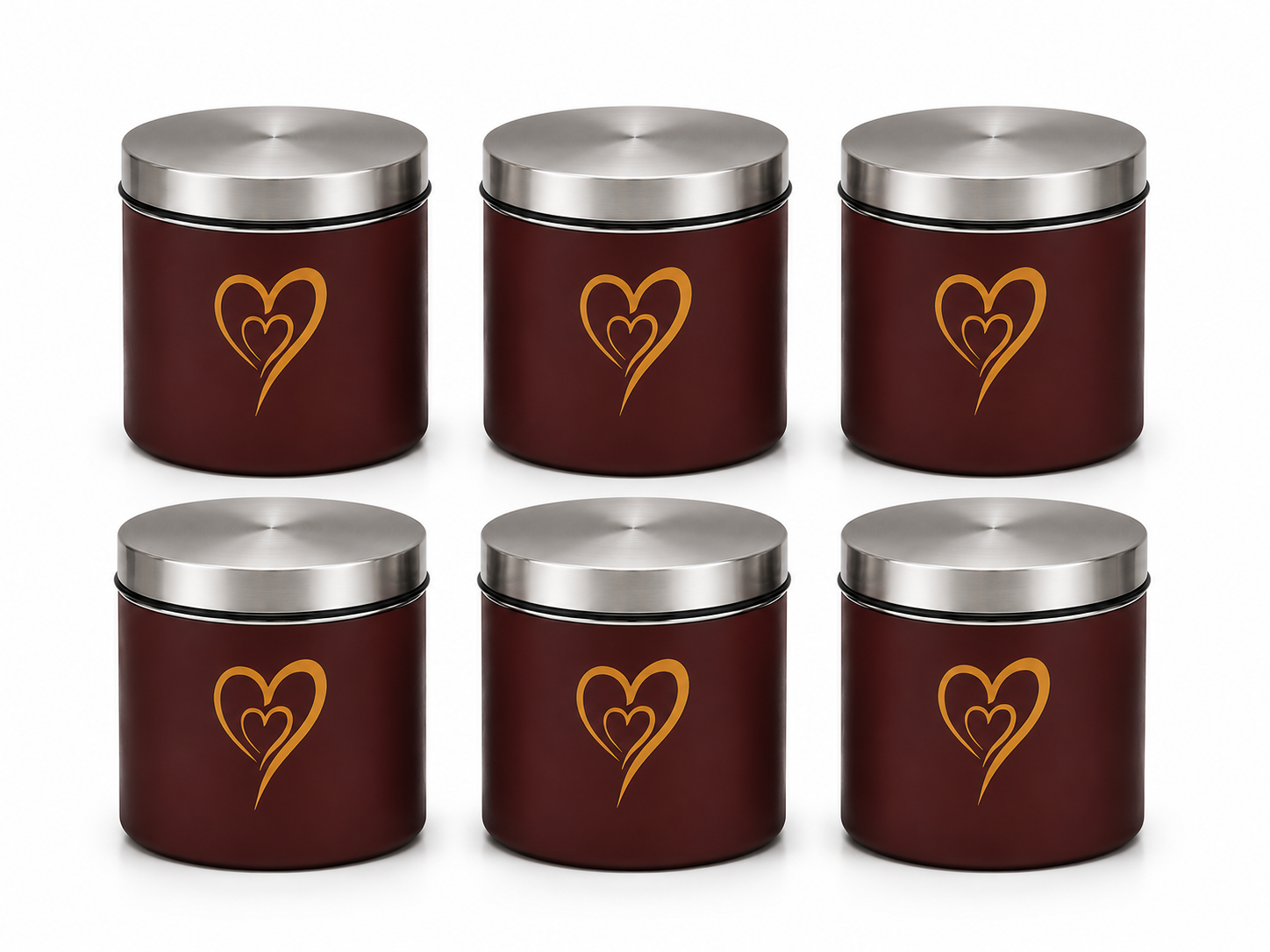 Multipurpose Stainless Steel Airtight Storage Canister Set, Epoxy Coated, Dishwash Safe, Heart Print Kitchen Storage Containers, Return Gift, Housewarming Gift, 650ml x 6pcs, Maroon