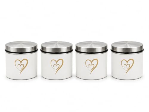 Multipurpose Stainless Steel Airtight Storage Canister Set, Epoxy Coated, Dishwash Safe, Heart Print Kitchen Storage Containers, Return Gift, Housewarming Gift, 500ml x 4pcs, Ivory