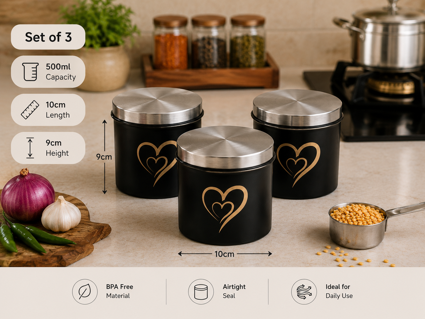 Airtight Stainless Steel Vacuum Storage Canister, Food Grade Kitchen Storage Containers with Vacuum Seal Lids, Coffee Tea Sugar Jars for Pantry Organization, 500ml each, Set of 3 Black