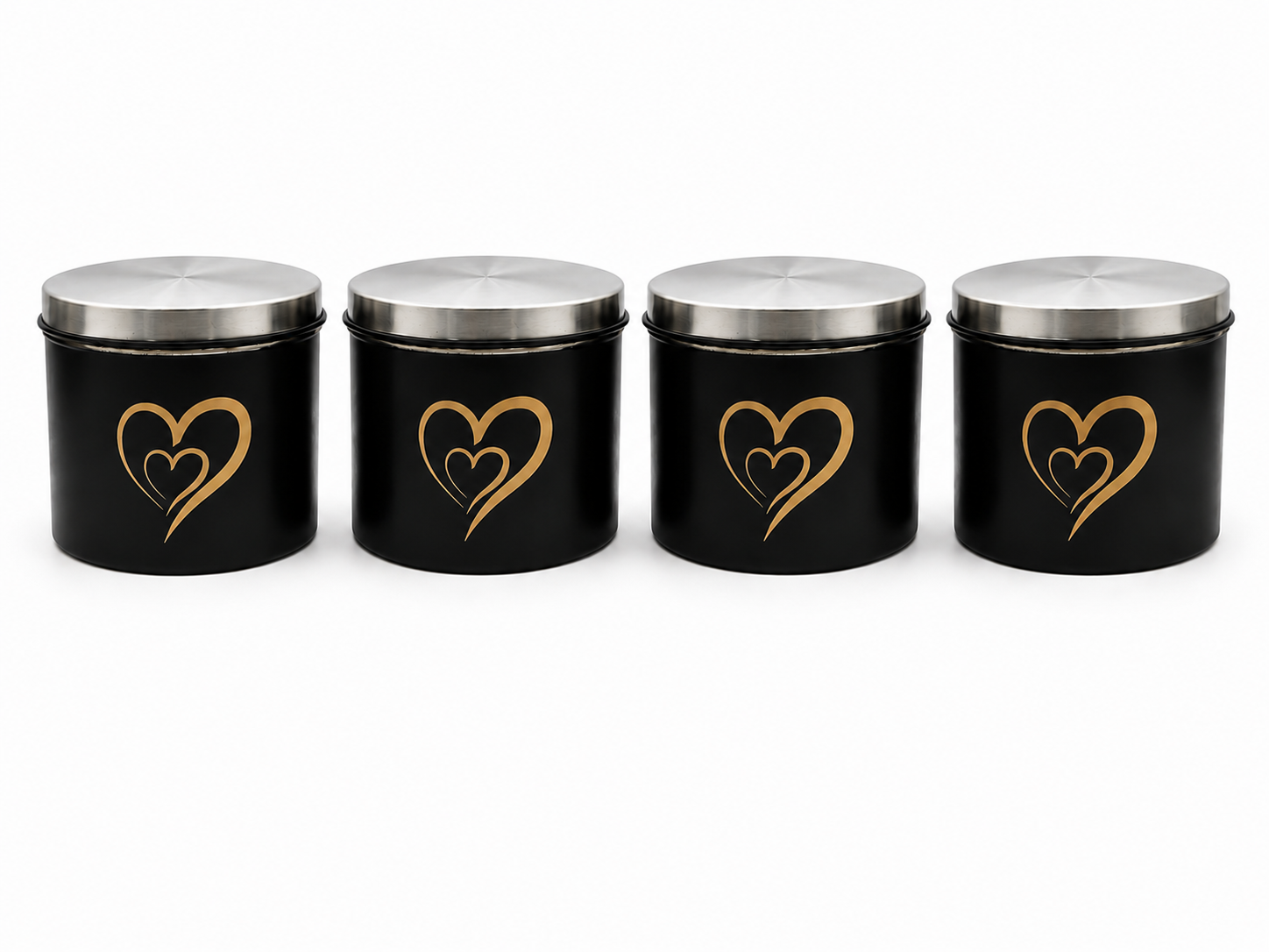 Multipurpose Stainless Steel Airtight Storage Canister Set, Epoxy Coated, Dishwash Safe, Heart Print Kitchen Storage Containers, Return Gift, Housewarming Gift, 500ml x 4pcs, Black