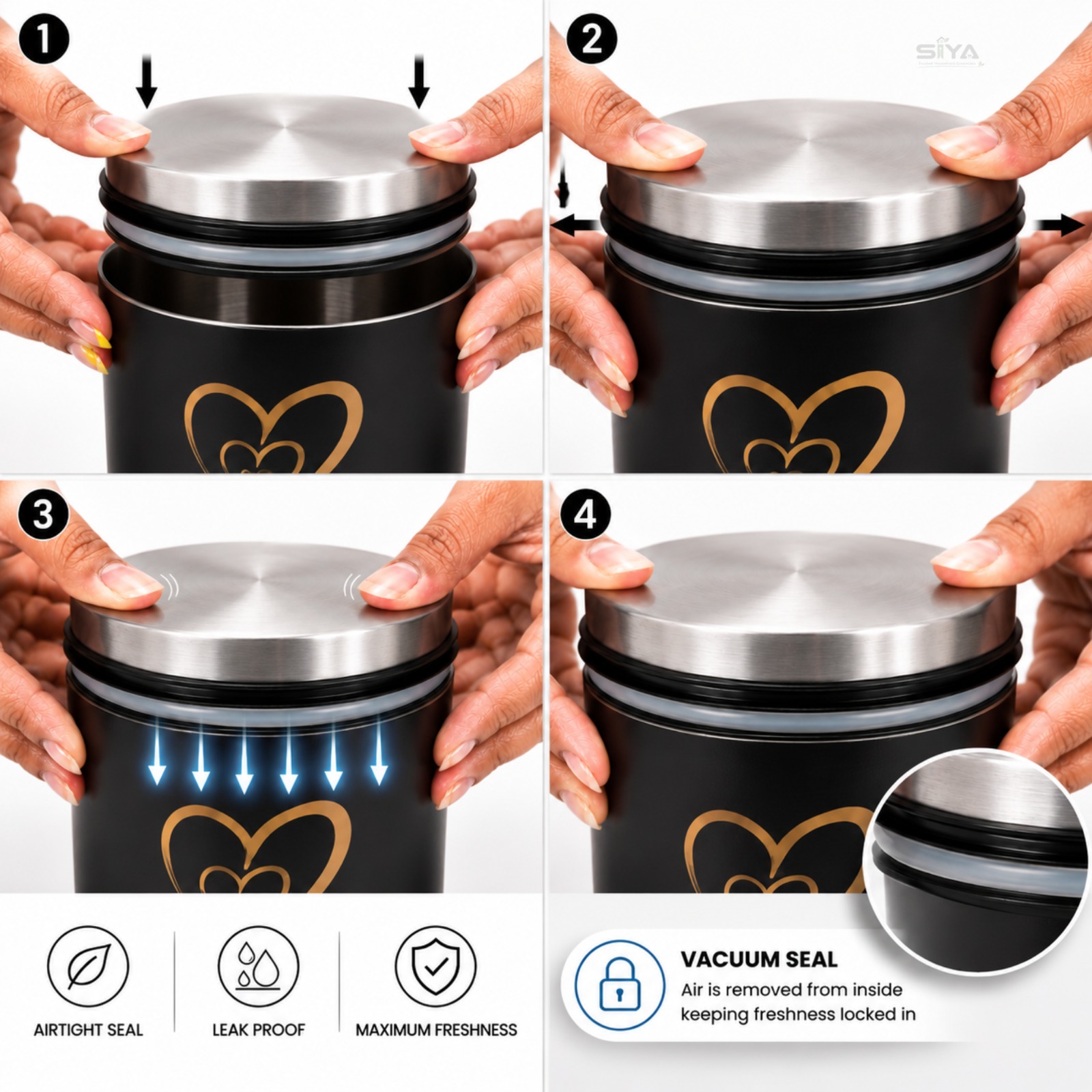 Multipurpose Stainless Steel Airtight Storage Canister Set, Epoxy Coated, Dishwash Safe, Heart Print Kitchen Storage Containers, Return Gift, Housewarming Gift, 500ml x 4pcs, Black