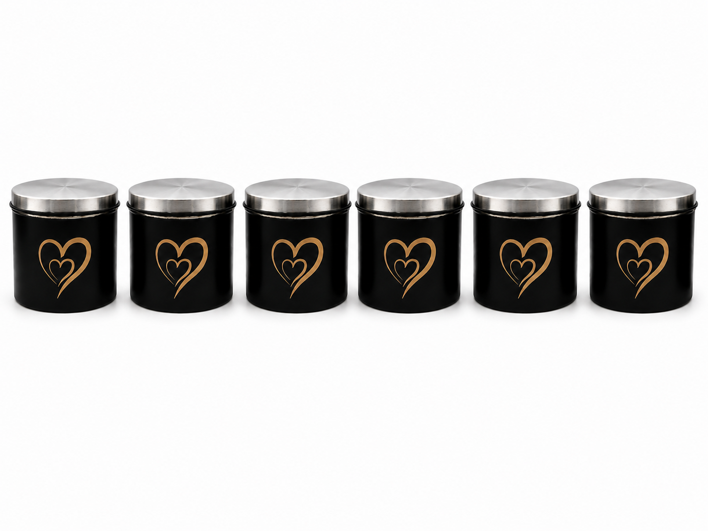 Multipurpose Stainless Steel Airtight Storage Canister Set, Epoxy Coated, Dishwash Safe, Heart Print Kitchen Storage Containers, Return Gift, Housewarming Gift, 500ml x 6pcs, Black