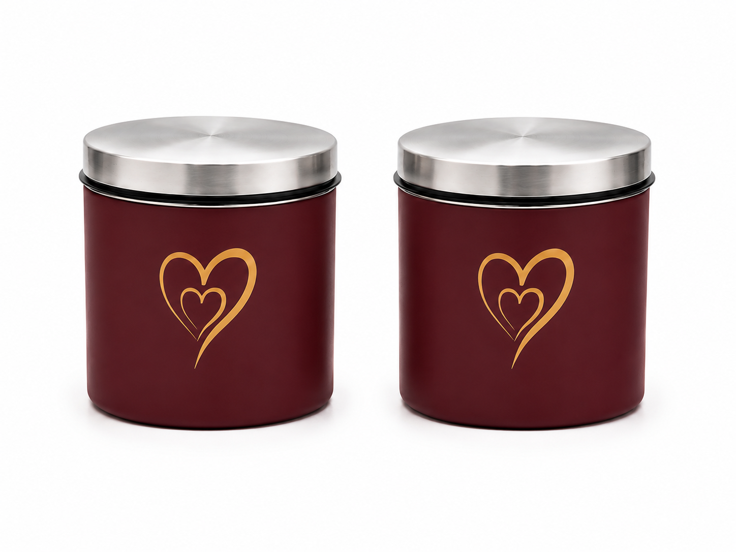 Multipurpose Stainless Steel Airtight Storage Canister Set, Epoxy Coated, Dishwash Safe, Heart Print Kitchen Storage Containers, Return Gift, Housewarming Gift, 500ml x 2pcs, Maroon