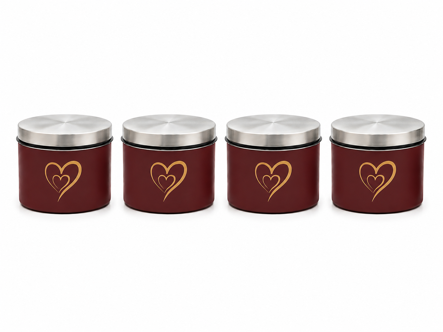 Multipurpose Stainless Steel Airtight Storage Canister Set, Epoxy Coated, Dishwash Safe, Heart Print Kitchen Storage Containers, Return Gift, Housewarming Gift, 500ml x 4pcs, Maroon