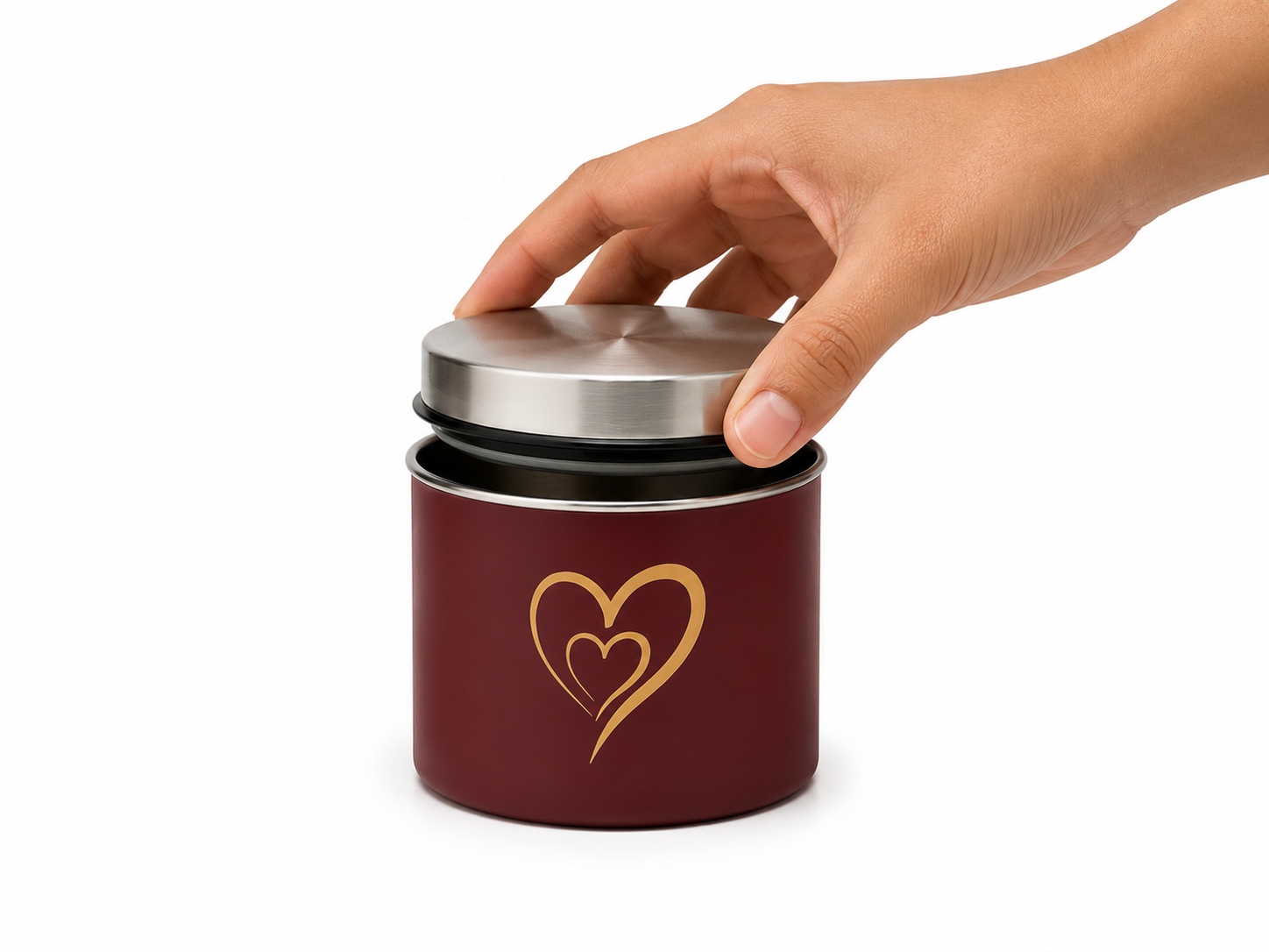 Multipurpose Stainless Steel Airtight Storage Canister Set, Epoxy Coated, Dishwash Safe, Heart Print Kitchen Storage Containers, Return Gift, Housewarming Gift, 500ml x 4pcs, Maroon