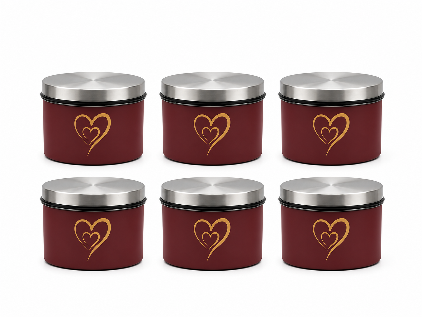 Multipurpose Stainless Steel Airtight Storage Canister Set, Epoxy Coated, Dishwash Safe, Heart Print Kitchen Storage Containers, Return Gift, Housewarming Gift, 500ml x 6pcs, Maroon