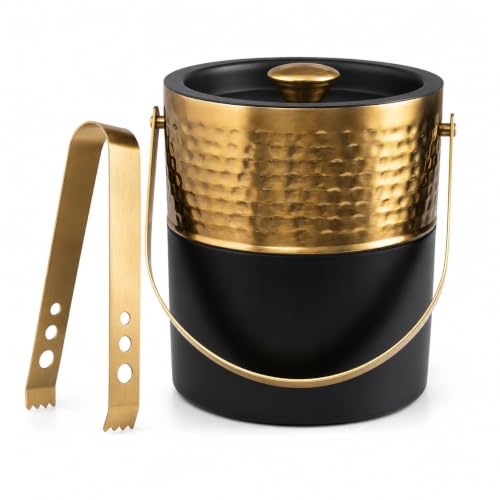 Premium Double Wall Ice Bucket with Lid & Golden Tong, 1 Litre | Insulated Ice Holder with Hammered Gold Finish & Matte Black Base | for Bar, Home, Parties & Gifting