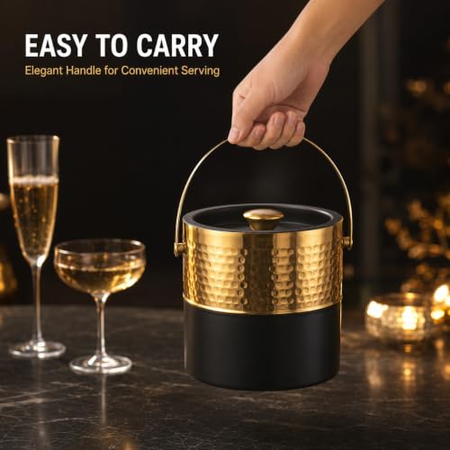 Premium Double Wall Ice Bucket with Lid & Golden Tong, 1 Litre | Insulated Ice Holder with Hammered Gold Finish & Matte Black Base | for Bar, Home, Parties & Gifting