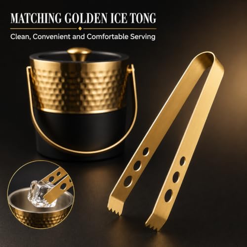 Premium Double Wall Ice Bucket with Lid & Golden Tong, 1 Litre | Insulated Ice Holder with Hammered Gold Finish & Matte Black Base | for Bar, Home, Parties & Gifting