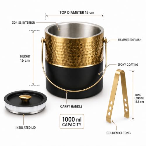 Premium Double Wall Ice Bucket with Lid & Golden Tong, 1 Litre | Insulated Ice Holder with Hammered Gold Finish & Matte Black Base | for Bar, Home, Parties & Gifting