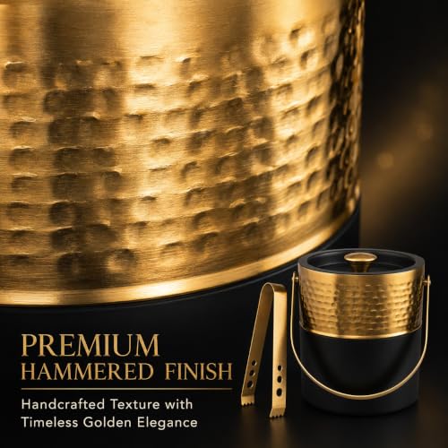 Premium Double Wall Ice Bucket with Lid & Golden Tong, 1 Litre | Insulated Ice Holder with Hammered Gold Finish & Matte Black Base | for Bar, Home, Parties & Gifting