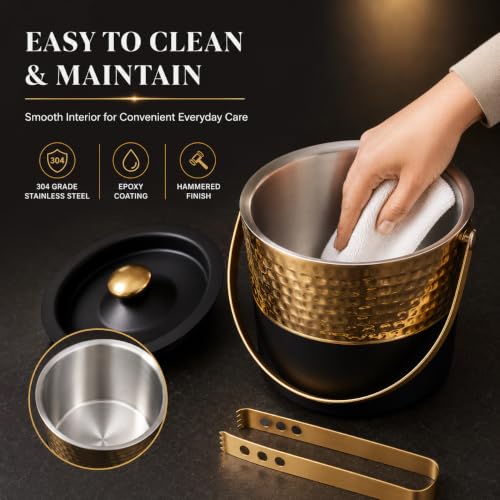 Premium Double Wall Ice Bucket with Lid & Golden Tong, 1 Litre | Insulated Ice Holder with Hammered Gold Finish & Matte Black Base | for Bar, Home, Parties & Gifting
