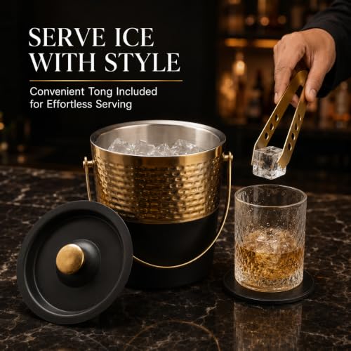 Premium Double Wall Ice Bucket with Lid & Golden Tong, 1 Litre | Insulated Ice Holder with Hammered Gold Finish & Matte Black Base | for Bar, Home, Parties & Gifting