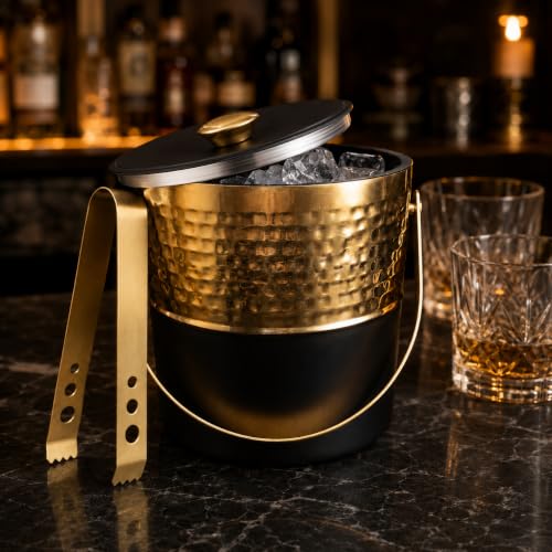 Premium Double Wall Ice Bucket with Lid & Golden Tong, 1 Litre | Insulated Ice Holder with Hammered Gold Finish & Matte Black Base | for Bar, Home, Parties & Gifting