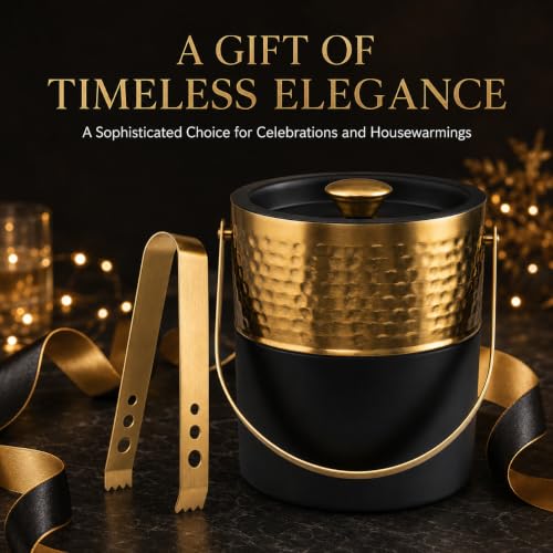 Premium Double Wall Ice Bucket with Lid & Golden Tong, 1 Litre | Insulated Ice Holder with Hammered Gold Finish & Matte Black Base | for Bar, Home, Parties & Gifting