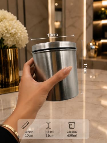 Airtight Stainless Steel Storage Canister Set, Matt Silver Finish Kitchen Storage Containers, Kitchen Canisters, Ideal for Return Gift, Steel Airtight Containers, 650ml x 4pcs set