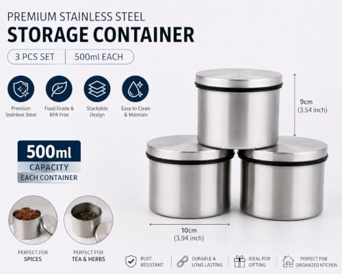 Airtight Stainless Steel Vacuum Kitchen Storage Canister Set, Kitchen Storage Container, Lifelong Kitchen container Set of 3, 500 ml each