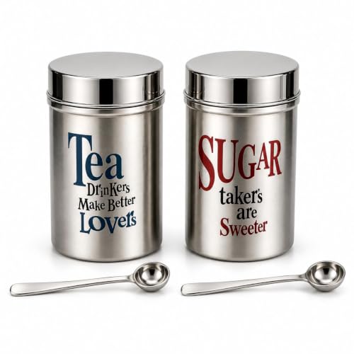 Multipurpose Stainless Steel Tea Sugar Jar Set (800ml each), Premium Tea Sugar Containers, Airtight Kitchen Canisters, Dishwash Safe  Epoxy Coated (Silver Finishing)