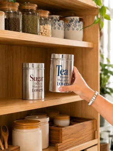 Multipurpose Stainless Steel Tea Sugar Jar Set (800ml each), Premium Tea Sugar Containers, Airtight Kitchen Canisters, Dishwash Safe  Epoxy Coated (Silver Finishing)