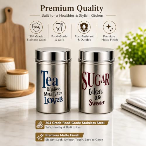 Multipurpose Stainless Steel Tea Sugar Jar Set (800ml each), Premium Tea Sugar Containers, Airtight Kitchen Canisters, Dishwash Safe  Epoxy Coated (Silver Finishing)