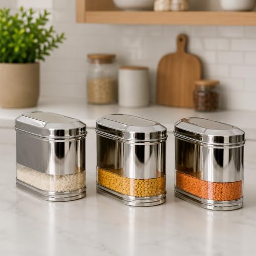 Stainless Steel See-through Containers for kitchen, Iconic Capsule Shape, Multipurpose Food Storage Jar, 1500ml x 3pcs