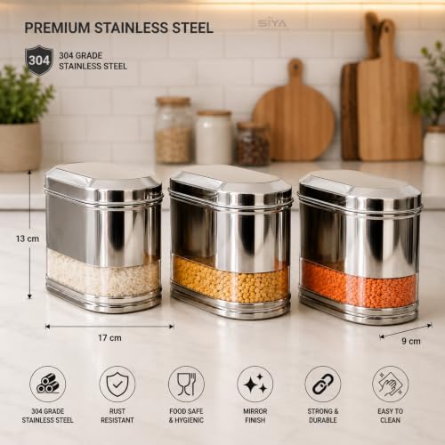 Stainless Steel See-through Containers for kitchen, Iconic Capsule Shape, Multipurpose Food Storage Jar, 1500ml x 3pcs