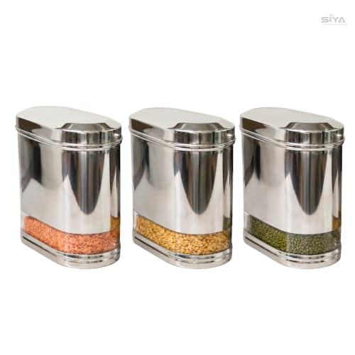 Stainless Steel See-through Containers for kitchen, Iconic Capsule Shape, Multipurpose Food Storage Jar, 2000ml x 3pcs