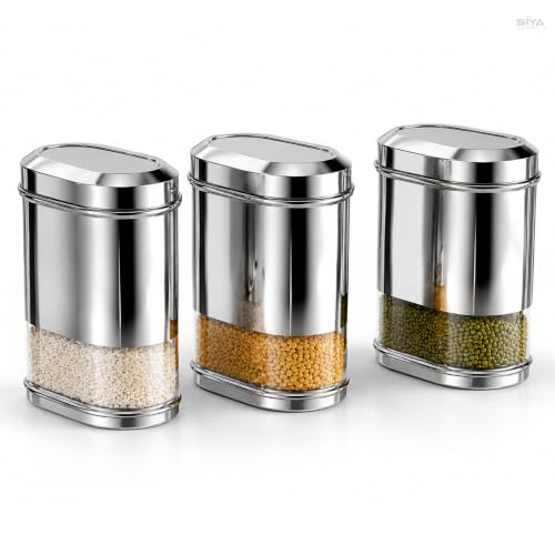 Stainless Steel See-through Containers for kitchen, Iconic Capsule Shape, Multipurpose Food Storage Jar, 2700ml x 3pcs