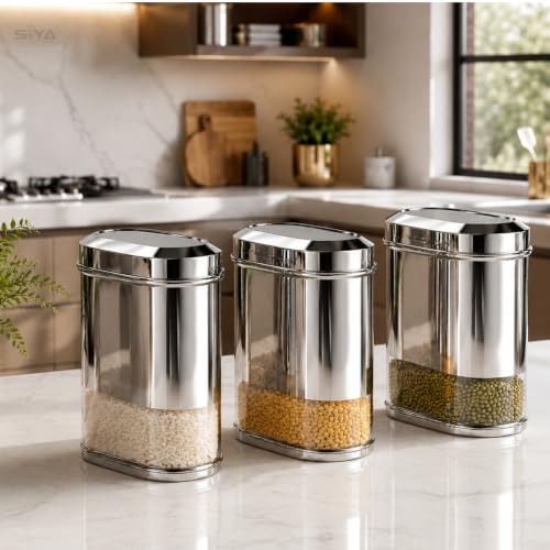Stainless Steel See-through Containers for kitchen, Iconic Capsule Shape, Multipurpose Food Storage Jar, 2700ml x 3pcs