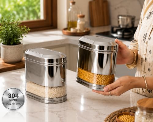 Stainless Steel See-through Containers for kitchen, Iconic Capsule Shape, Multipurpose Food Storage Jar, 2000ml x 2pcs