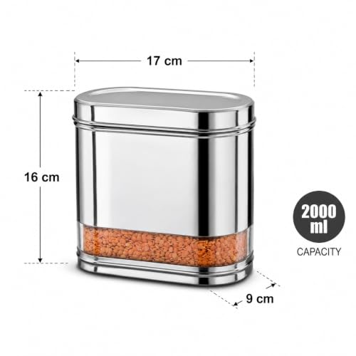 Stainless Steel See-through Containers for kitchen, Iconic Capsule Shape, Multipurpose Food Storage Jar, 2000ml x 2pcs