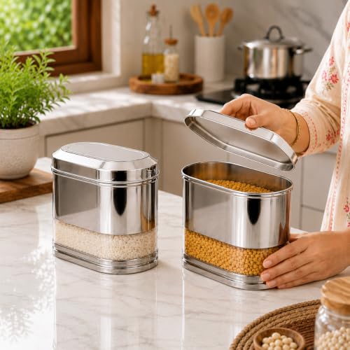 Stainless Steel See-through Containers for kitchen, Iconic Capsule Shape, Multipurpose Food Storage Jar, 2000ml x 2pcs