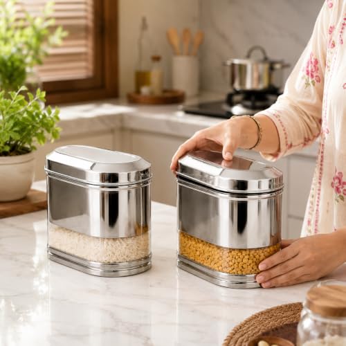 Stainless Steel See-through Containers for kitchen, Iconic Capsule Shape, Multipurpose Food Storage Jar, 2000ml x 2pcs