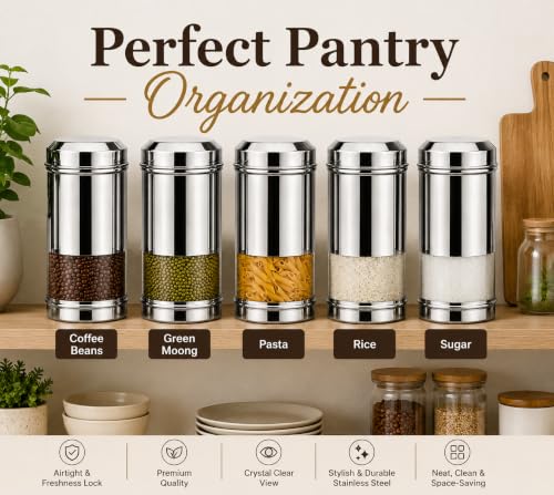 Stainless Steel See-through Containers for kitchen, Iconic Capsule Shape, Multipurpose Food Storage Jar, 2700ml x 2pcs