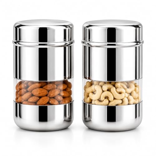 Stainless Steel See-through Containers for kitchen, Classic Bullet Round Shape, Multipurpose Food Storage Jar, 750ml x 2pcs
