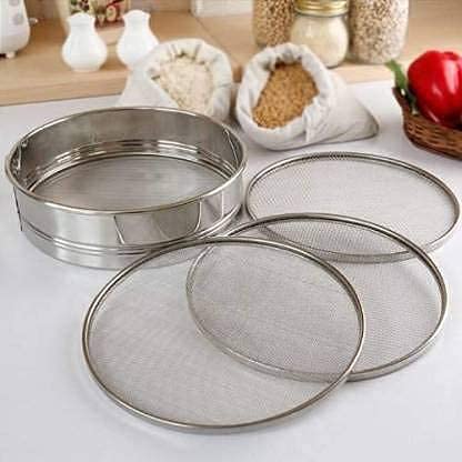 3-in-1 Atta Chalni, Multipurpose Stainless Steel Flour Sieve, Flour Chhalni, Atta Channi, Multipurpose Mesh Sieve for Flour, Maida & Spices, Pack of 3 (10Inch (4-in-1))